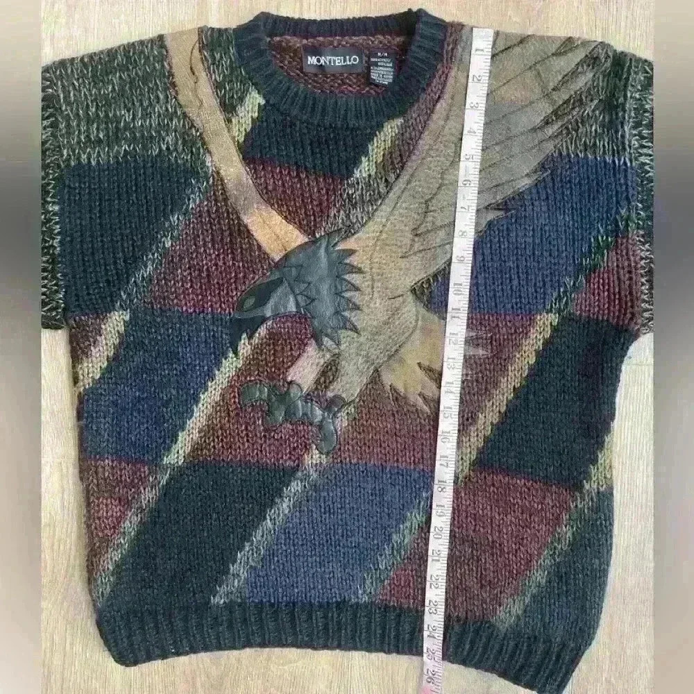 Vintage 90s Patchwork Knit Dad Sweater Bald Eagle w/ Leather Accents Medium - Picture 7 of 8
